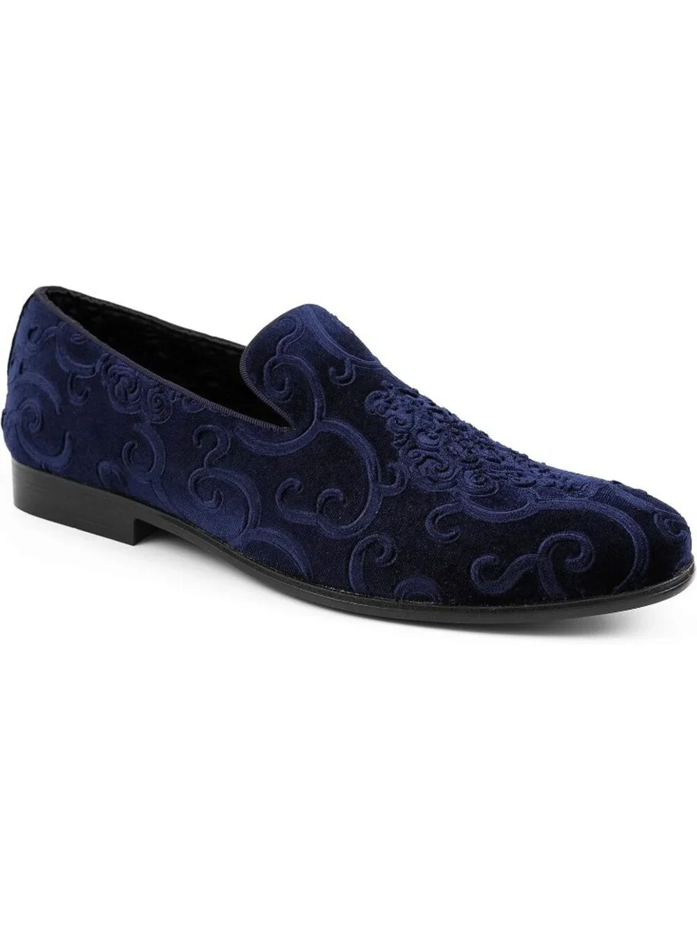 Amali Men's Navy Paisley Embossed Velvet Loafers Satin Trim Slip On Tuxedo Shoes